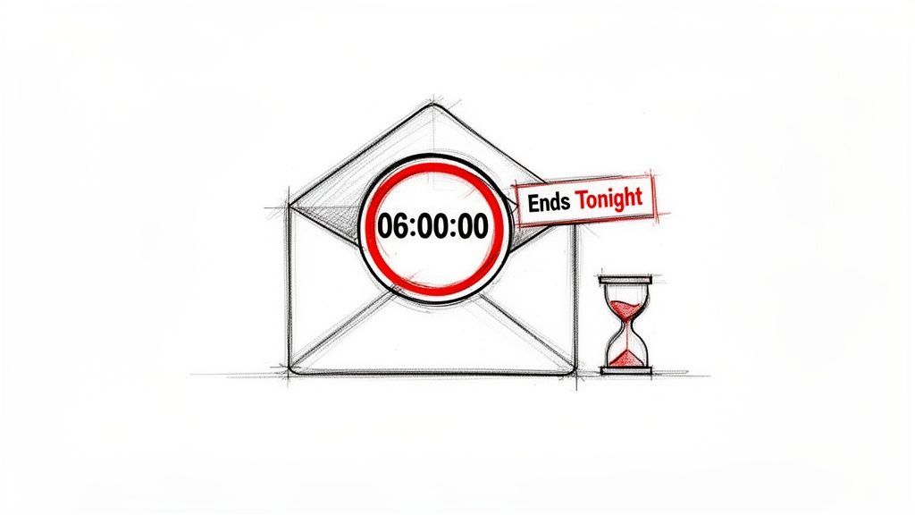 A hand-drawn sketch of an email envelope with a 06:00:00 countdown timer and 'Ends Tonight' banner, indicating urgency.