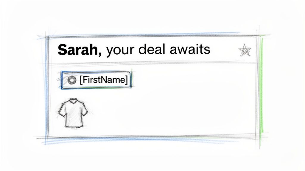 Sketch of an email preview showing 'Sarah, your deal awaits' subject line and a personalized 'FirstName' field.
