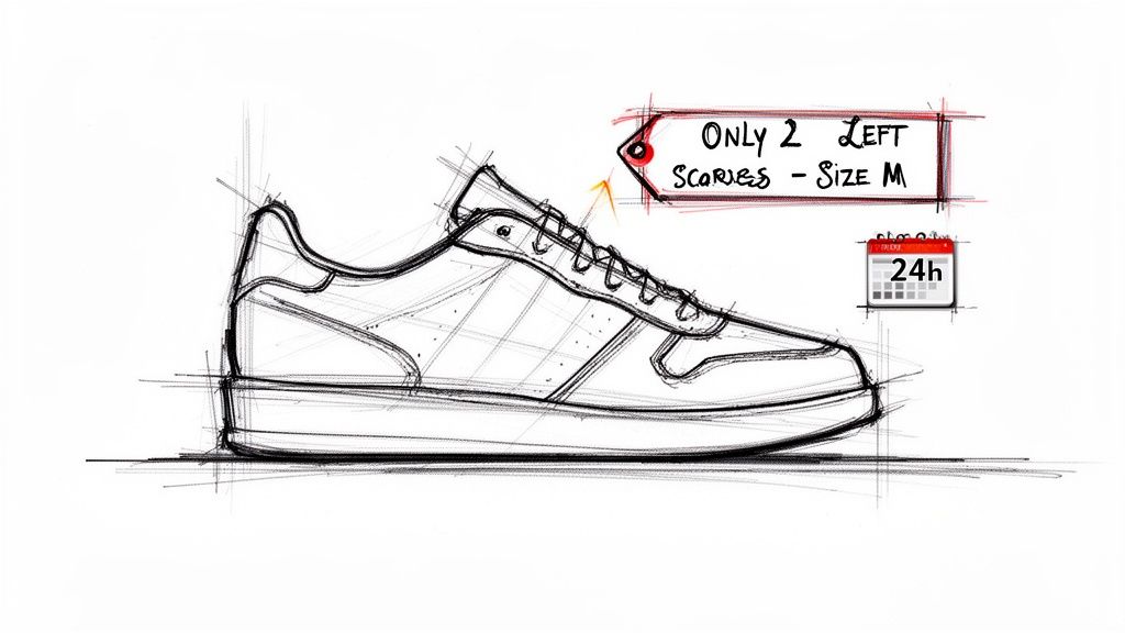 A hand-drawn sketch of a sneaker with a tag indicating 'ONLY 2 LEFT Scaries - Size M' and a '24h' timer.