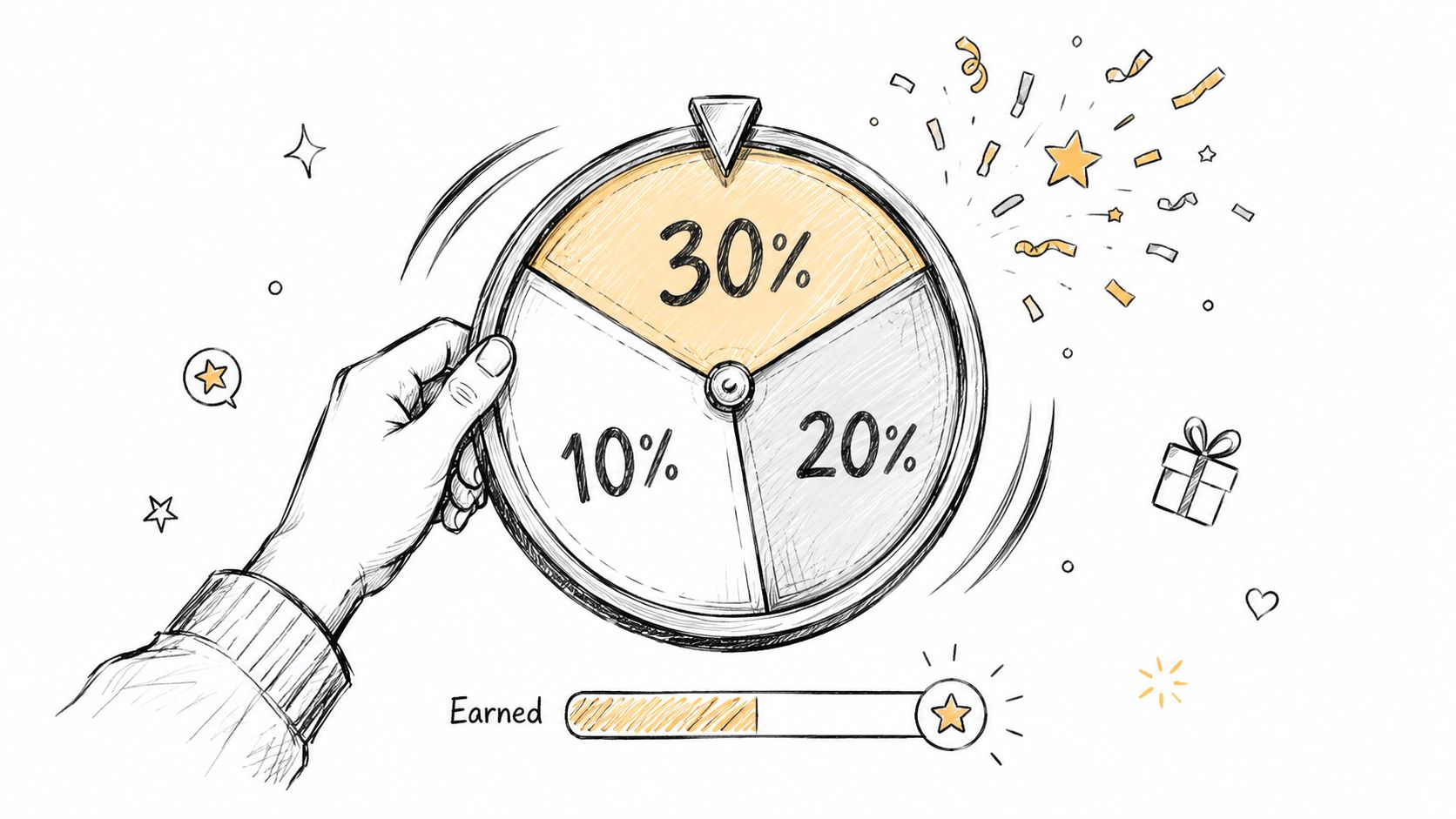 A hand spins a prize wheel featuring percentages with a progress bar indicating points earned.