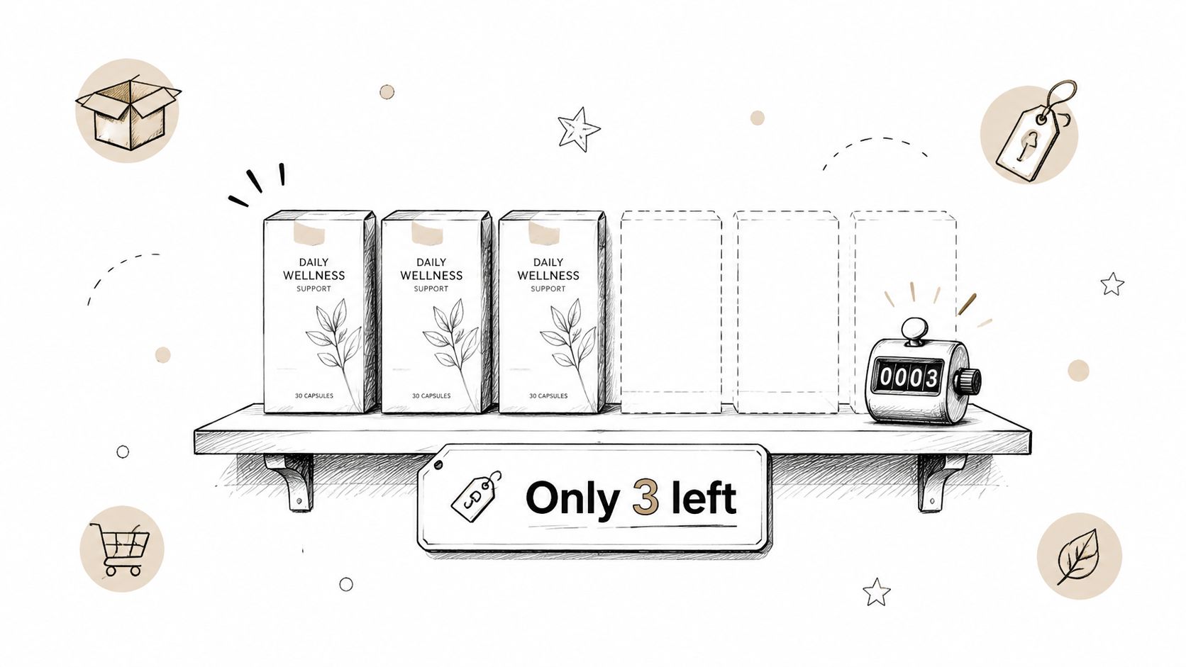 A hand-drawn illustration showing three product boxes on a shelf with a counter displaying 0003 left.