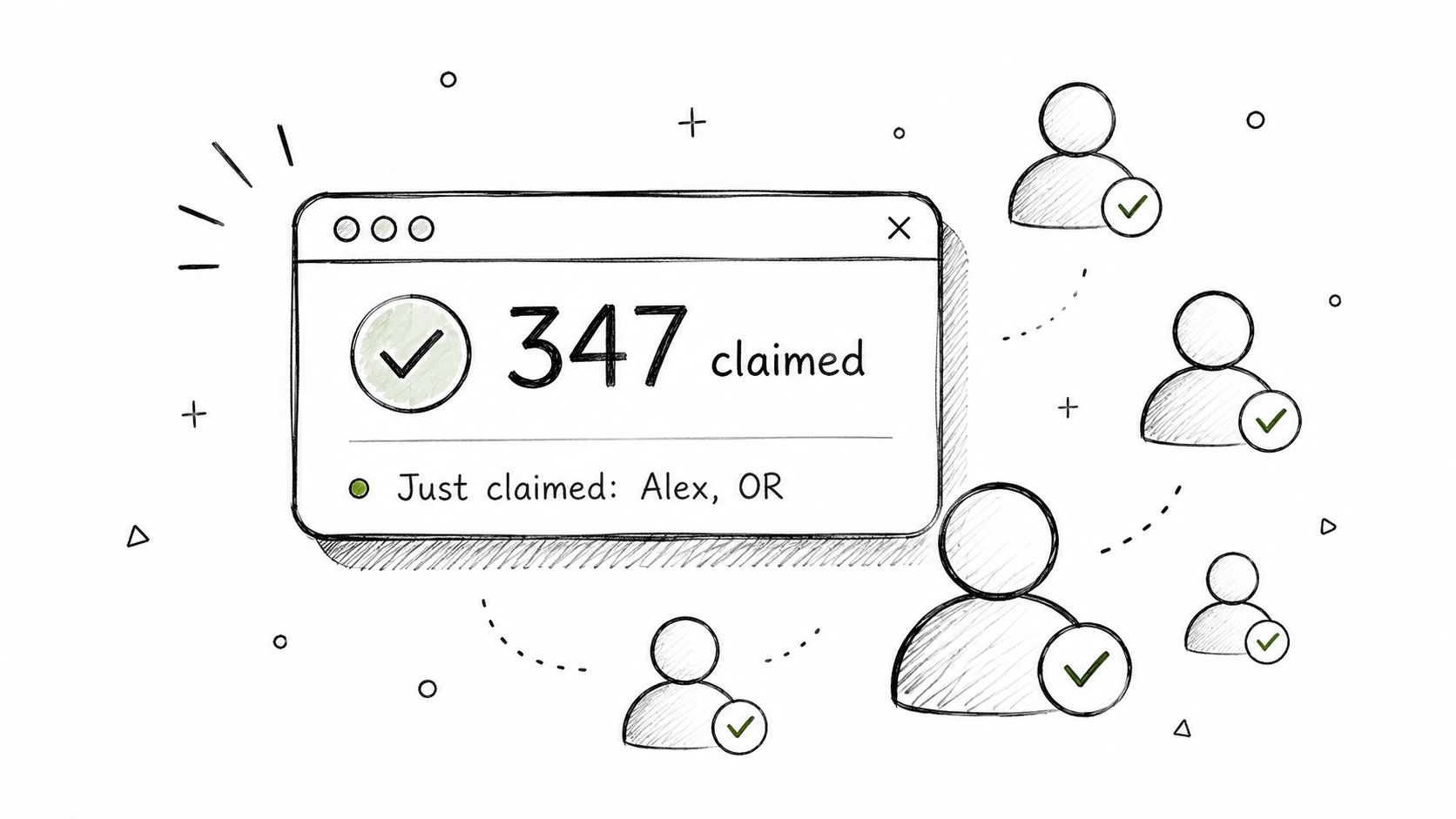 A hand-drawn illustration showing a notification popup with 347 claimed and social proof indicators.