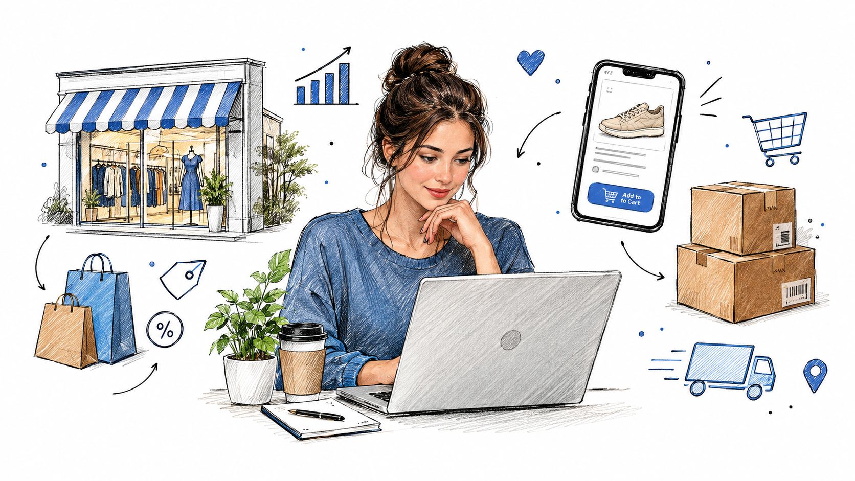 A woman working on a laptop surrounded by illustrations representing omnichannel retail shopping and delivery experiences.