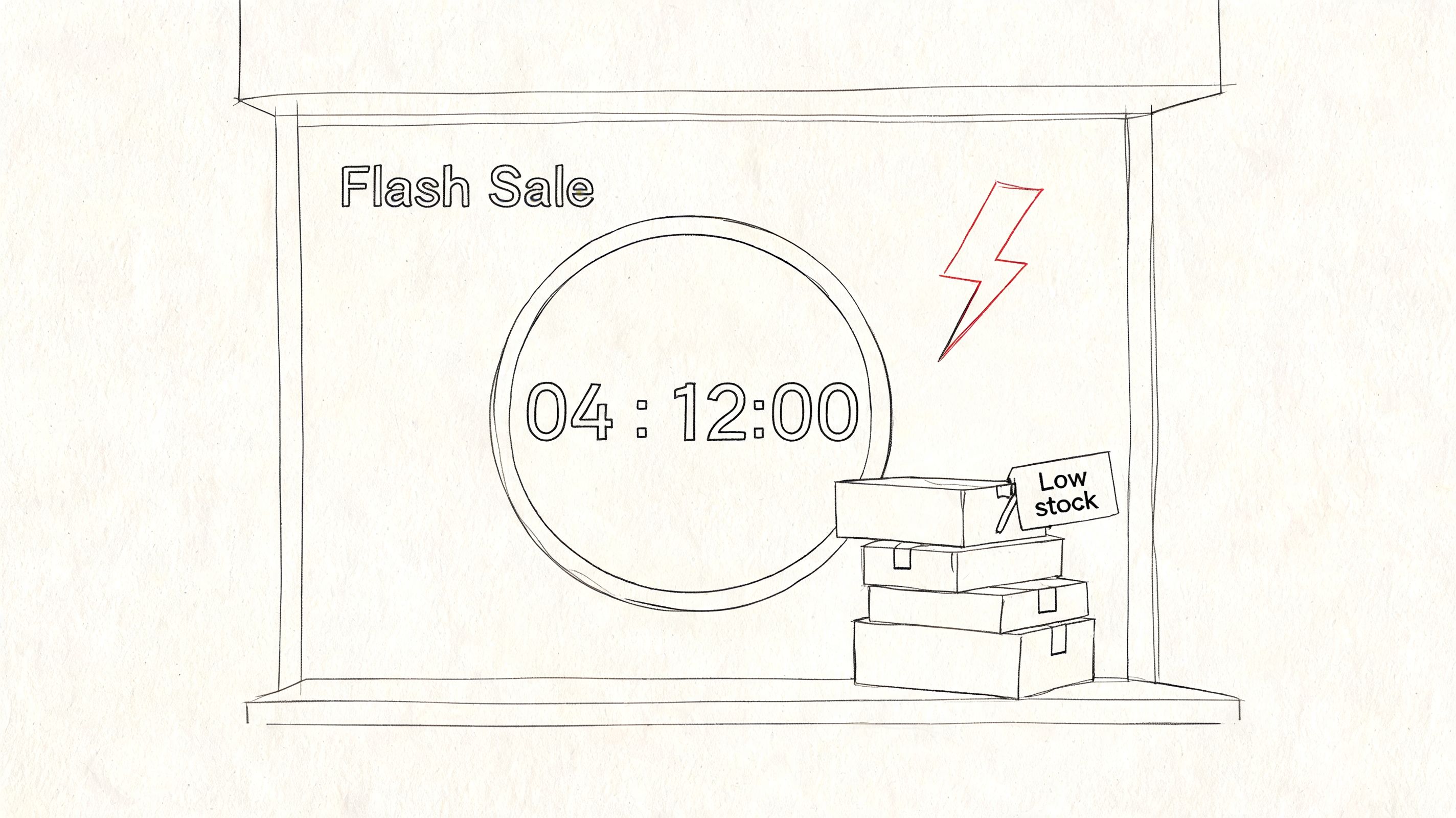 A black and white line drawing of a flash sale timer on a screen with low stock boxes.