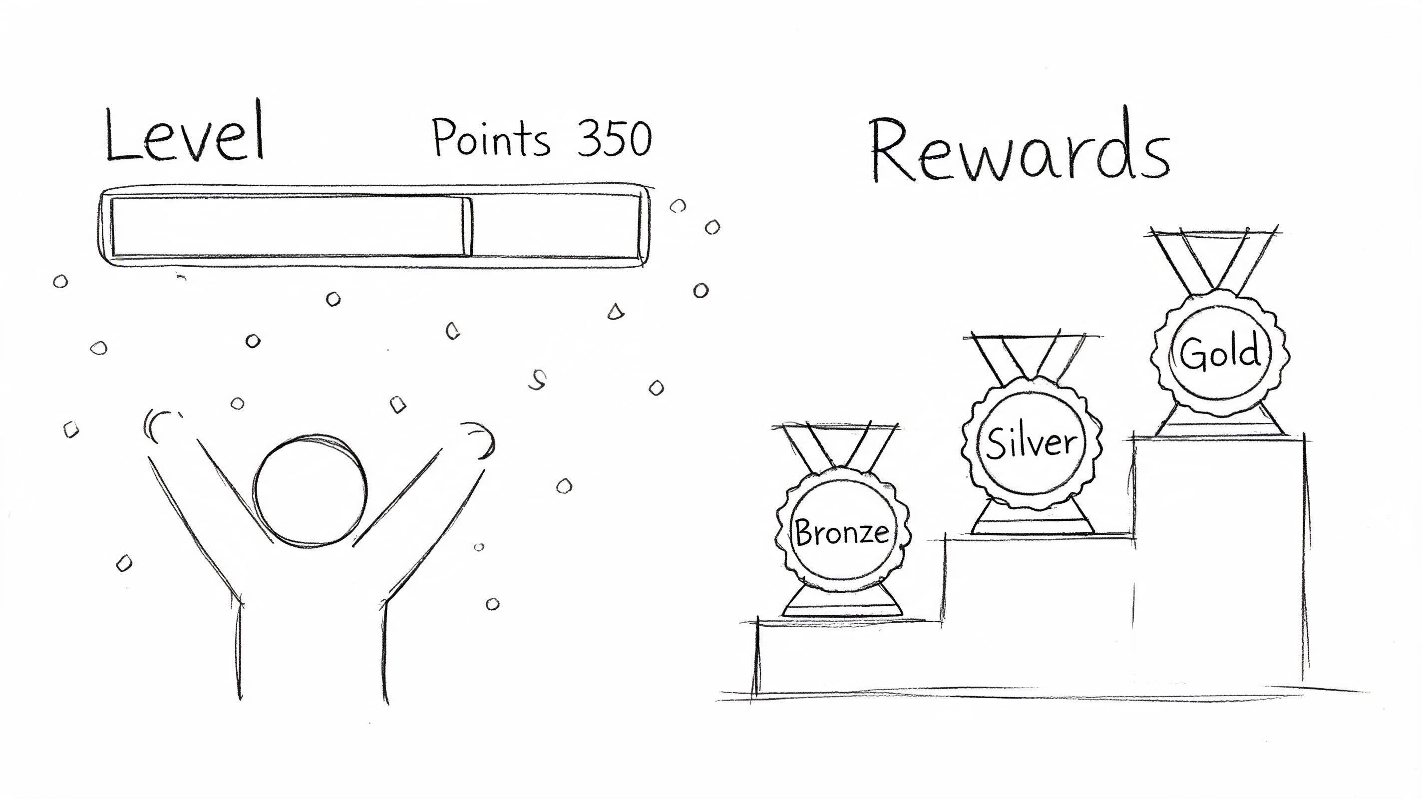 A hand-drawn illustration showing a progress bar with 350 points and a podium with gold, silver, and bronze medals.