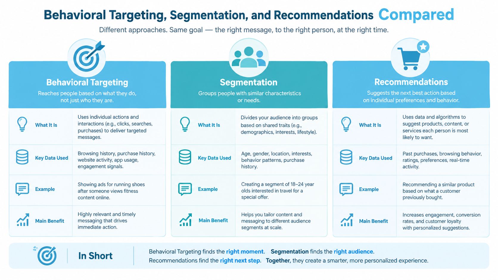 A comparison chart explaining the differences between behavioral targeting, customer segmentation, and personalized product recommendations.