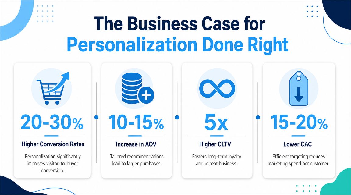 An infographic showing the four business benefits of personalization: higher conversion rates, increased average order value, higher customer lifetime value, and lower customer acquisition costs.