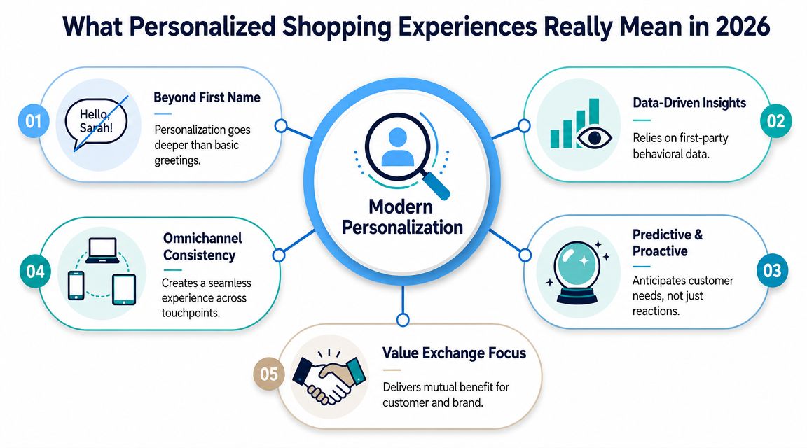 A diagram illustrating the key elements of modern personalized shopping experiences expected in the year 2026.