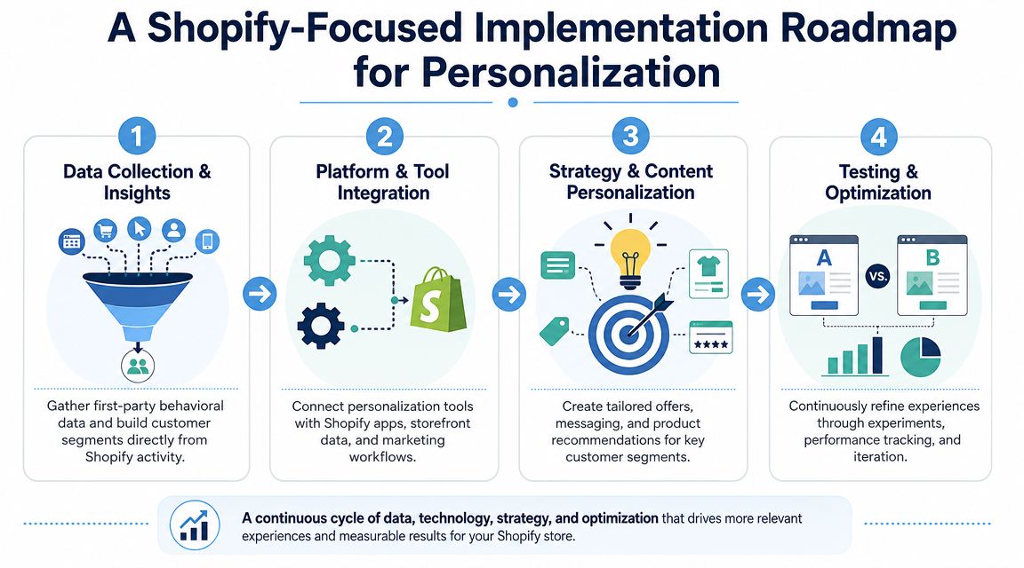 A four-step roadmap for implementing personalized shopping experiences on a Shopify e-commerce platform.