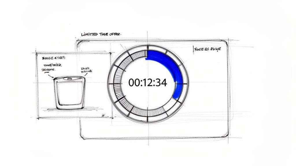 Sketch of a digital pop-up ad, showing a timer (00:12:34), product, and limited time offer.