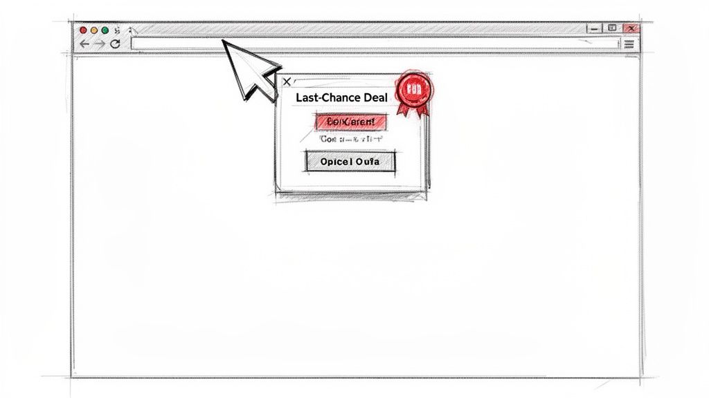 Hand-drawn sketch of a web browser with a 'Last-Chance Deal' pop-up advertisement.