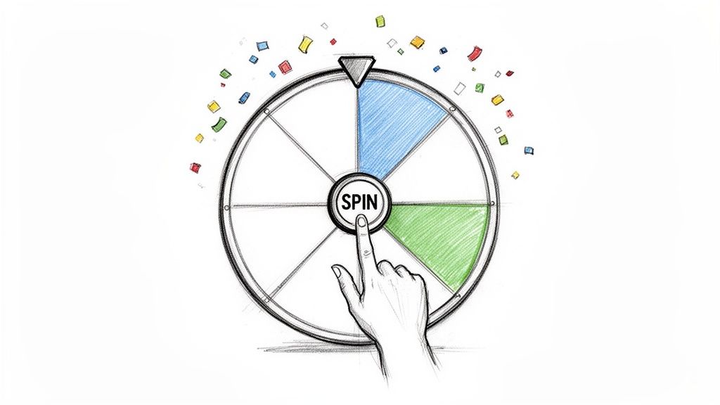 Sketch of a hand pressing 'SPIN' on a colorful prize wheel with confetti.