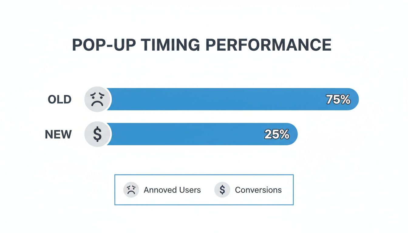 Bar chart comparing pop-up timing: old showed 75% annoyed users, new yielded 25% conversions.