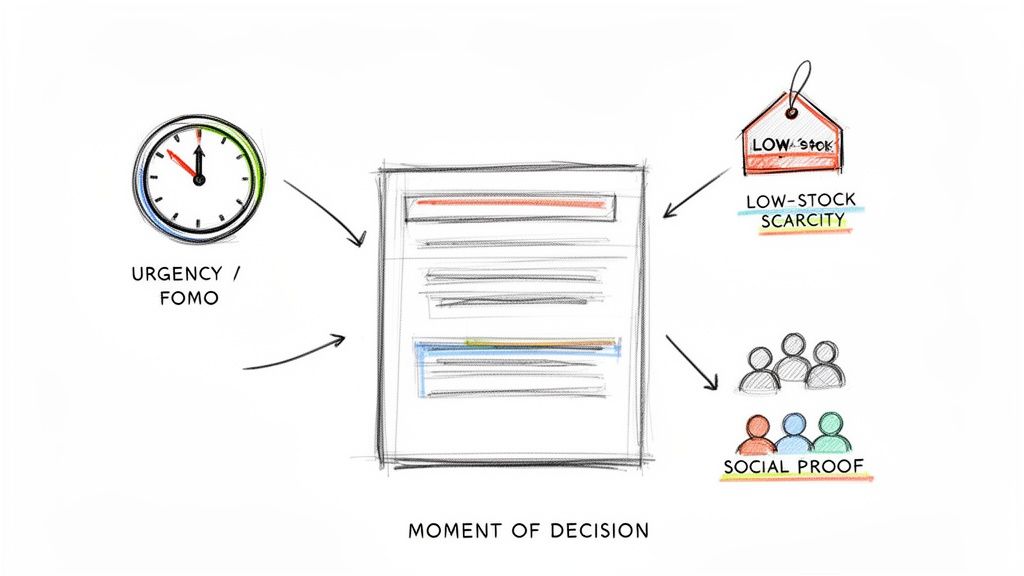 Diagram illustrating psychological triggers like urgency, scarcity, and social proof influencing an online purchase decision.