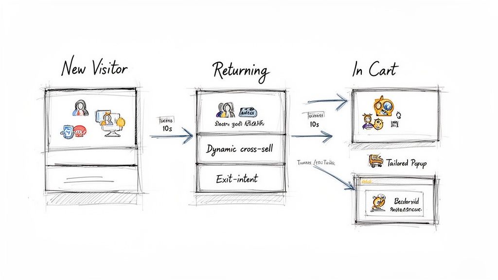 Flowchart showing website visitor stages: new, returning, and in-cart, with personalized marketing strategies like cross-sells and popups.