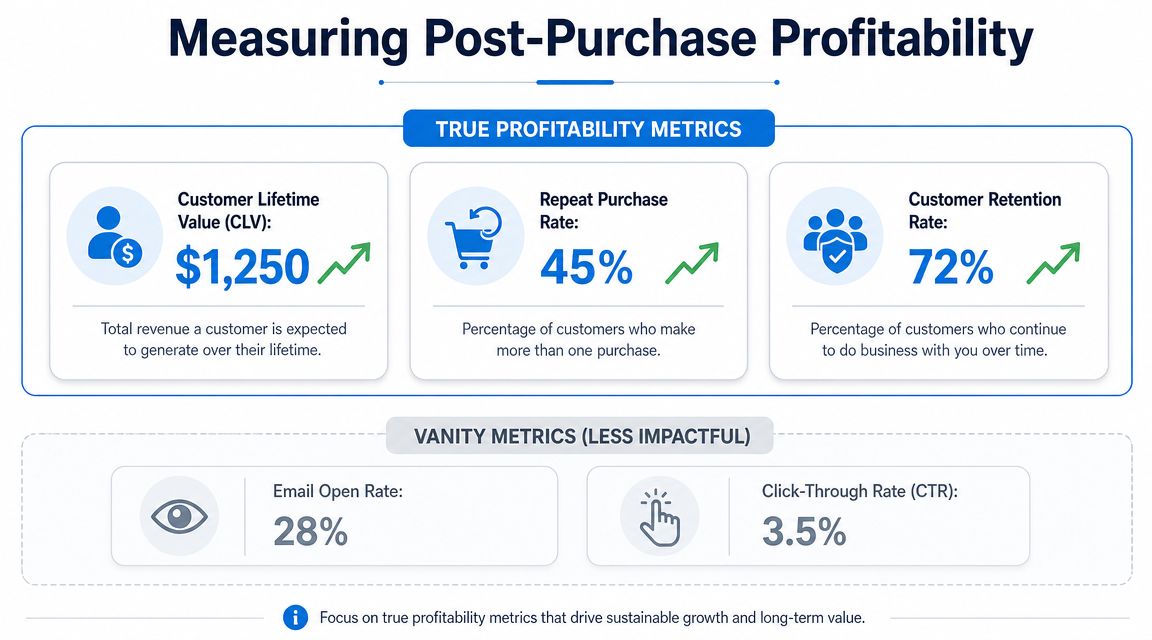 An infographic comparing true profitability metrics like CLV and retention to less impactful vanity metrics.