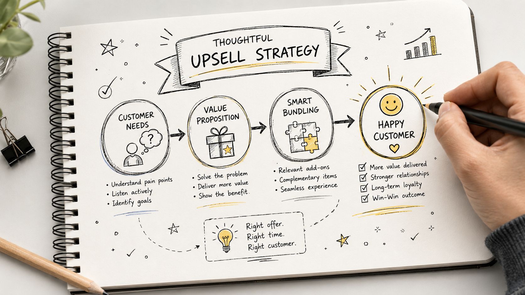 A flowchart explaining the factors that make post-purchase upsells profitable compared to popular upsell strategies.