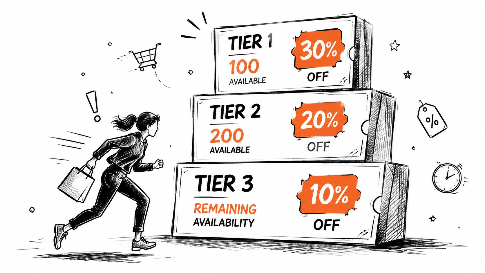 A shopper running towards stacked boxes representing promotional discount tiers ranging from 30 percent to 10 percent off.