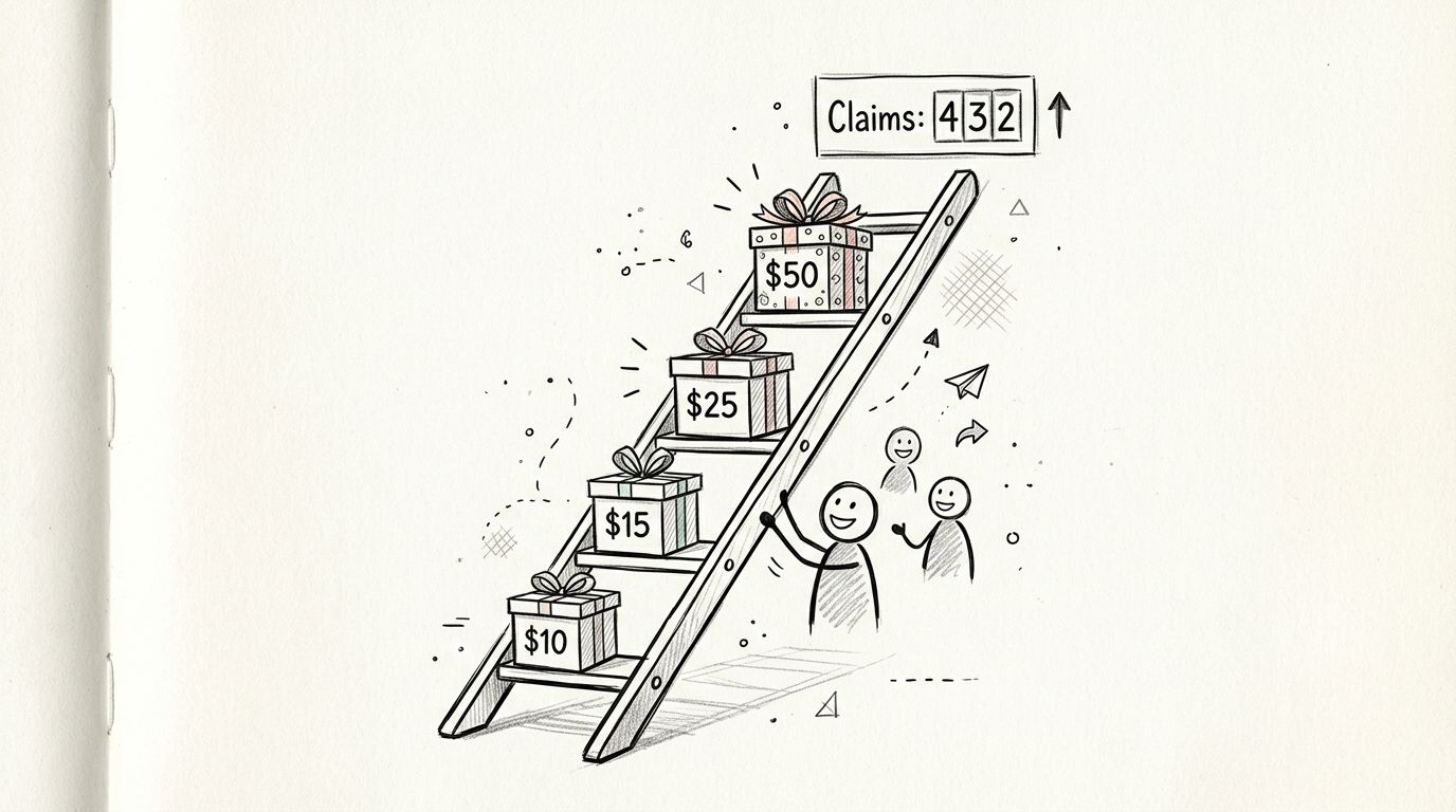 A hand-drawn illustration showing a ladder with gift boxes of increasing values and a claims counter.