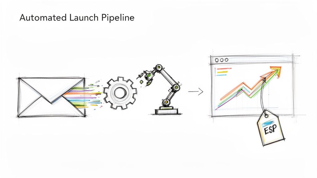 Automated launch pipeline: emails flow through a gear and robot arm to a rising growth chart with an ESP tag.