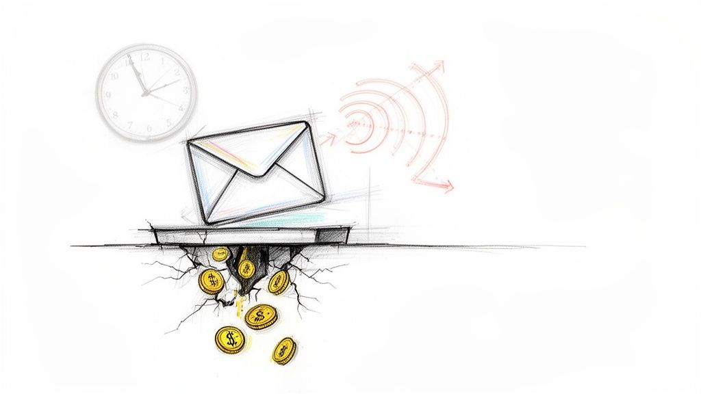 Sketch of an email envelope above a crack, with money falling, a clock, and signal.
