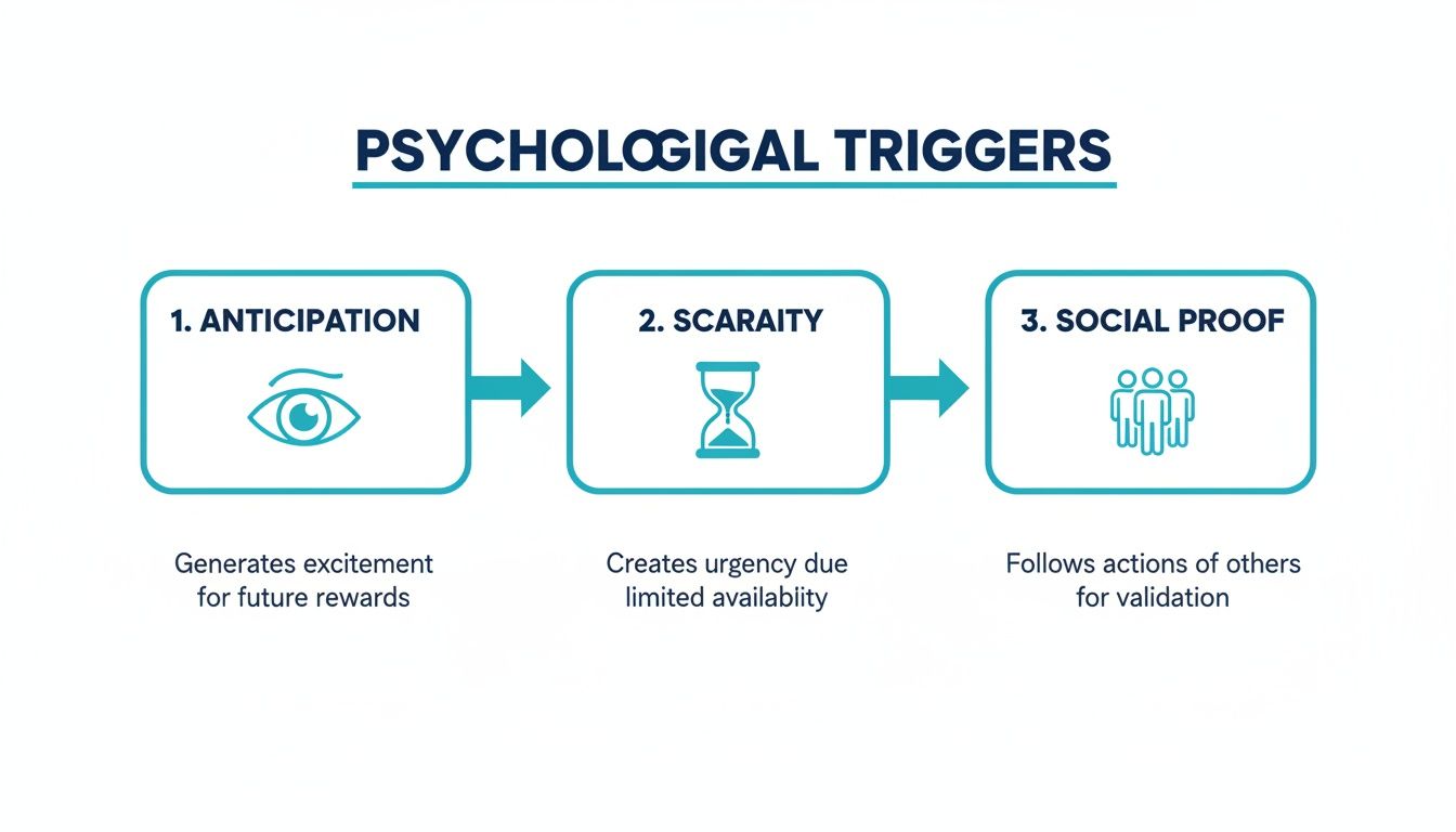Flowchart displaying three psychological triggers: anticipation, scarcity, and social proof, with descriptions.
