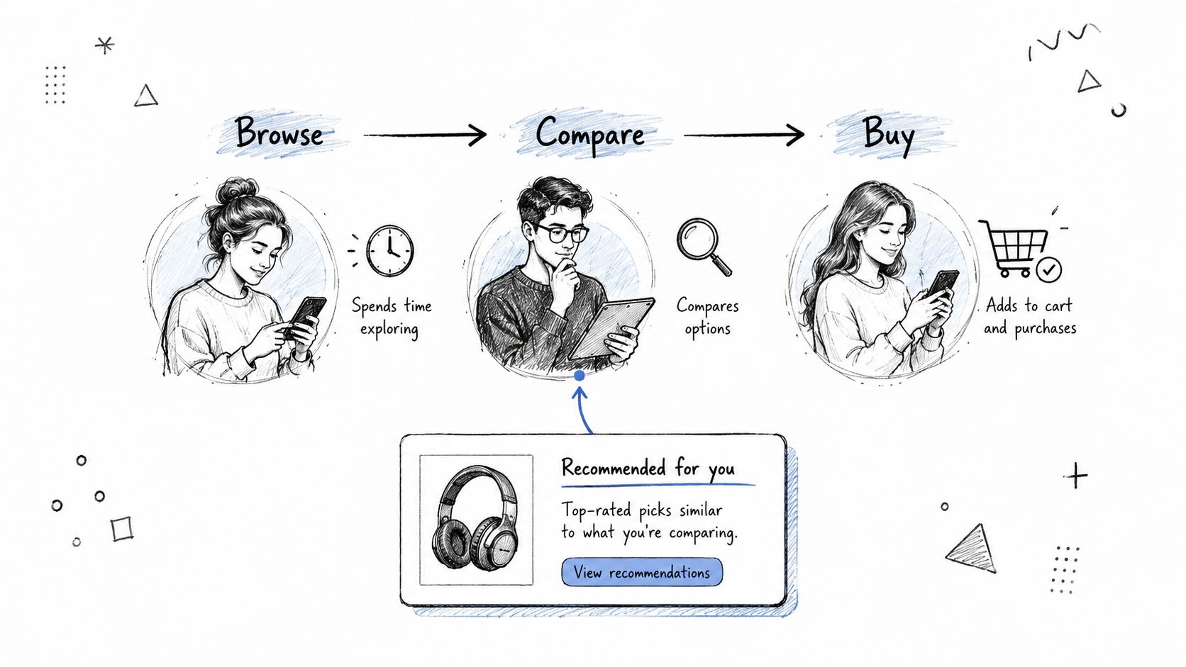 A hand-drawn illustration depicting the three steps of a customer journey: browse, compare, and buy.
