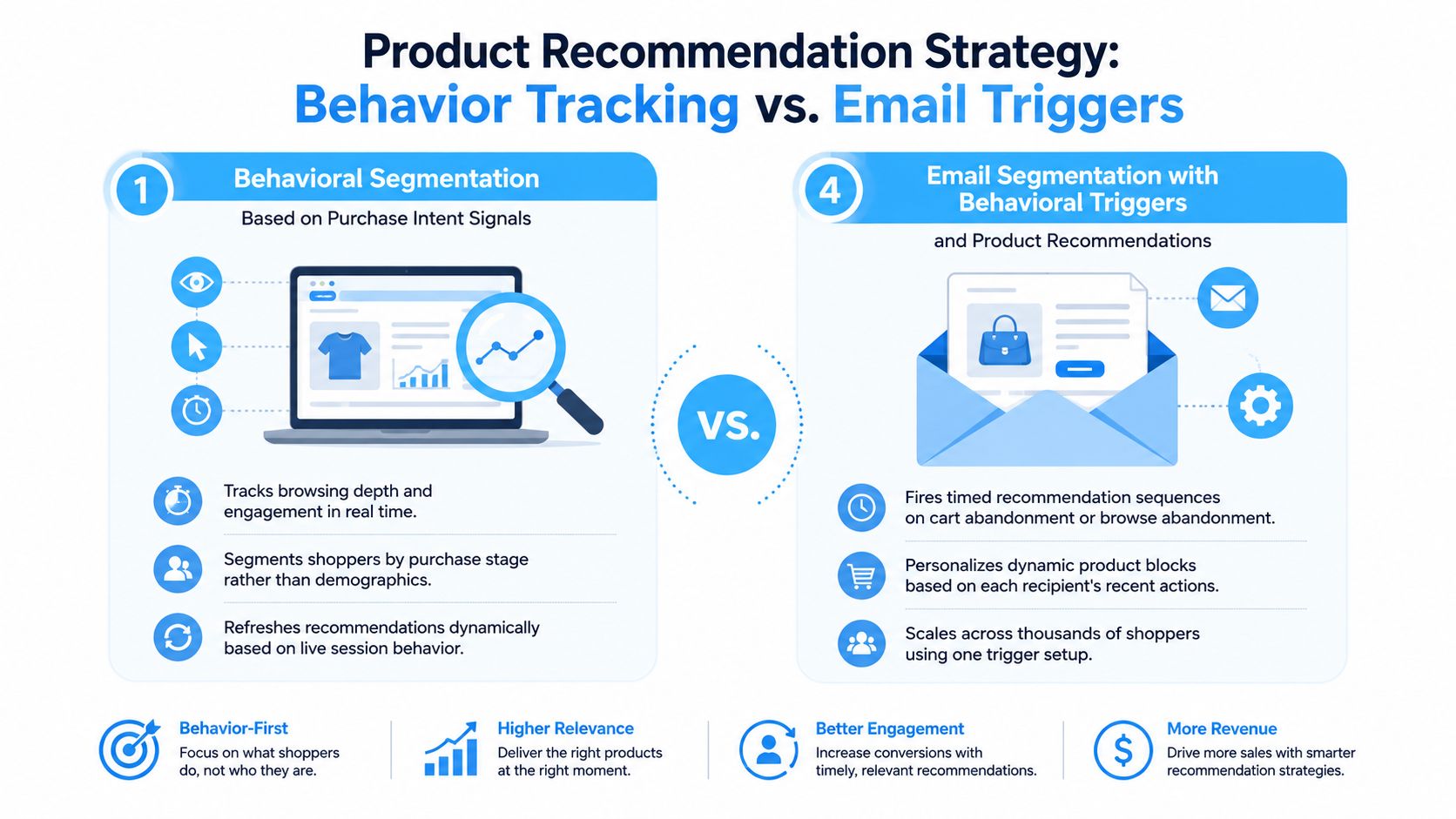 An infographic comparing behavioral segmentation and email triggers for effective product recommendation strategies in ecommerce marketing.