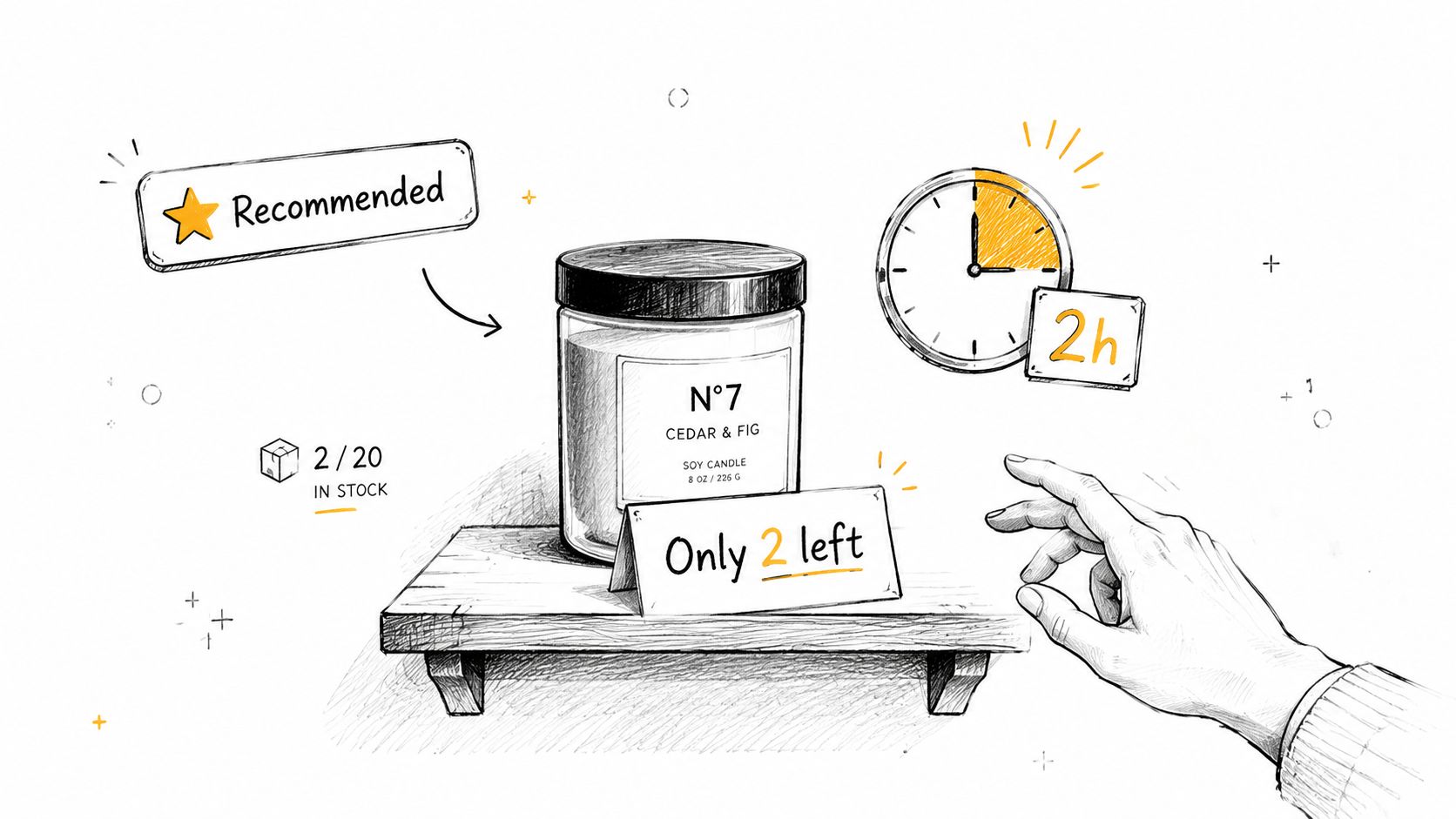 A digital illustration showing a candle on a shelf with scarcity marketing elements like countdown timer and stock indicators.