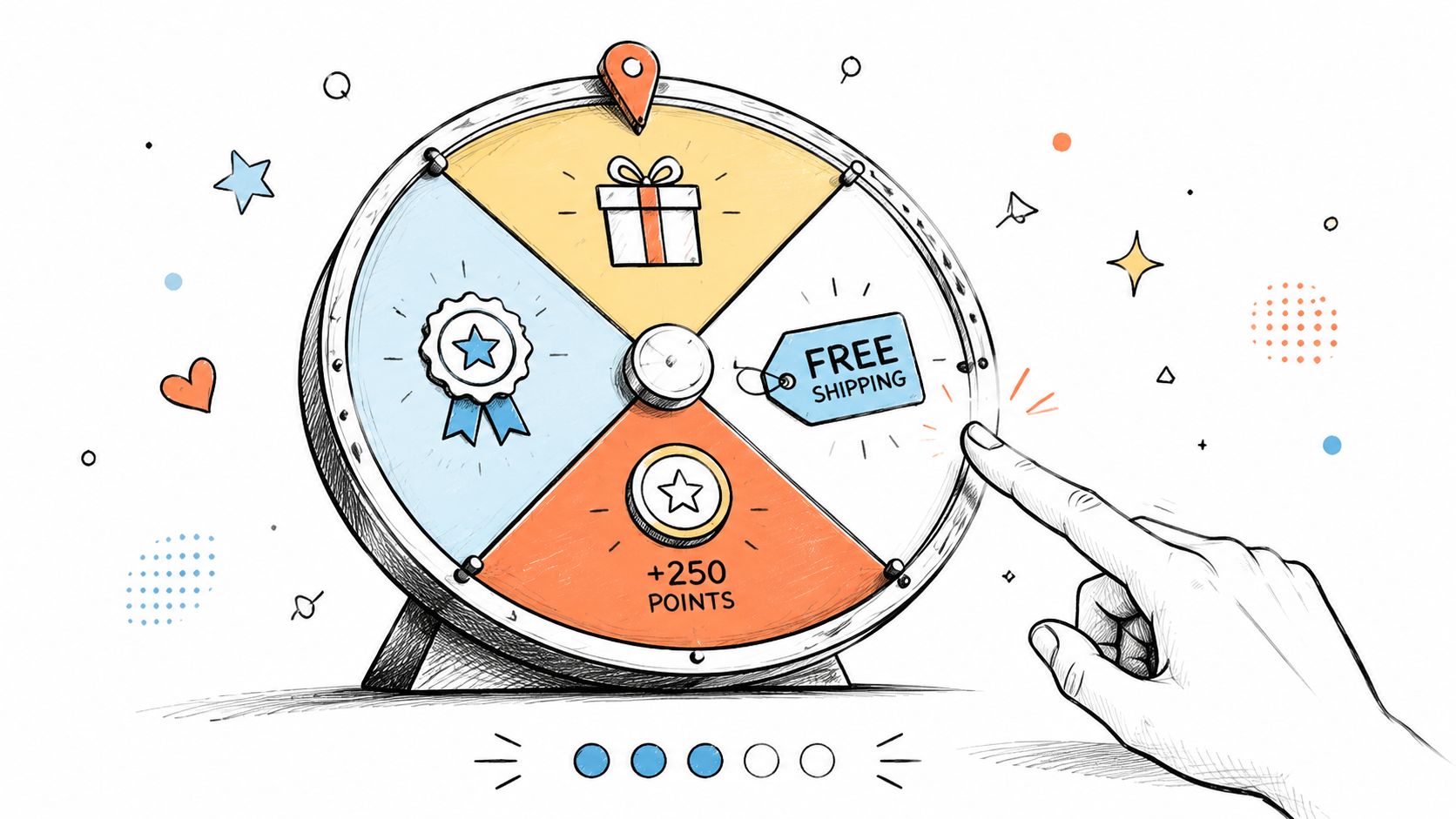 A hand spins a colorful prize wheel featuring icons for rewards like gifts and free shipping points.
