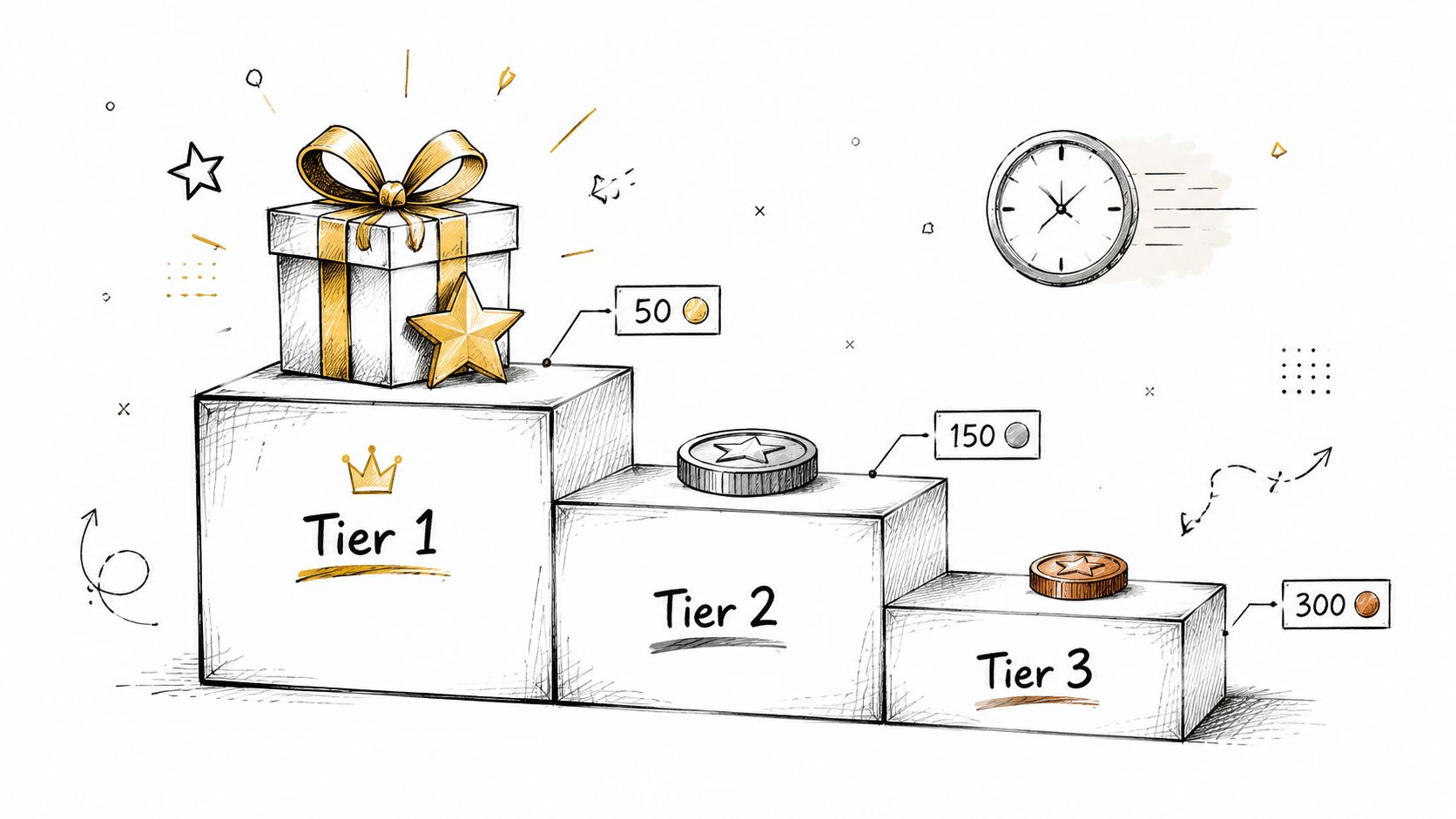 A hand-drawn illustration showing three tiered platforms with rewards representing tiers of a promotion strategy.