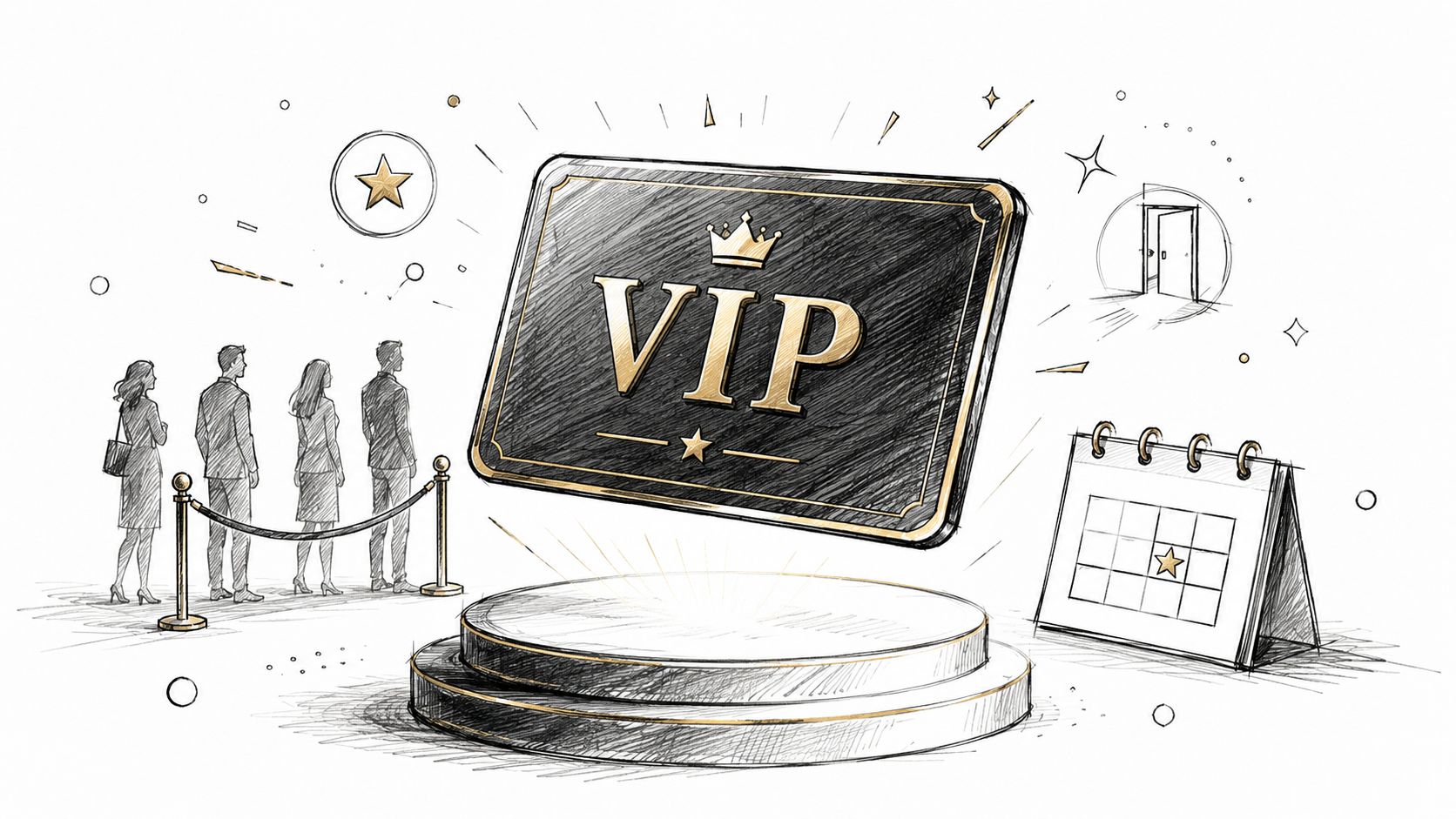 A hand-drawn illustration showing people in a queue waiting to access a VIP membership platform.
