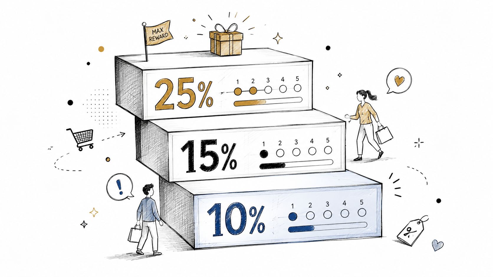 A conceptual illustration of a tiered loyalty reward system featuring percentage discounts, progress bars, and shoppers.