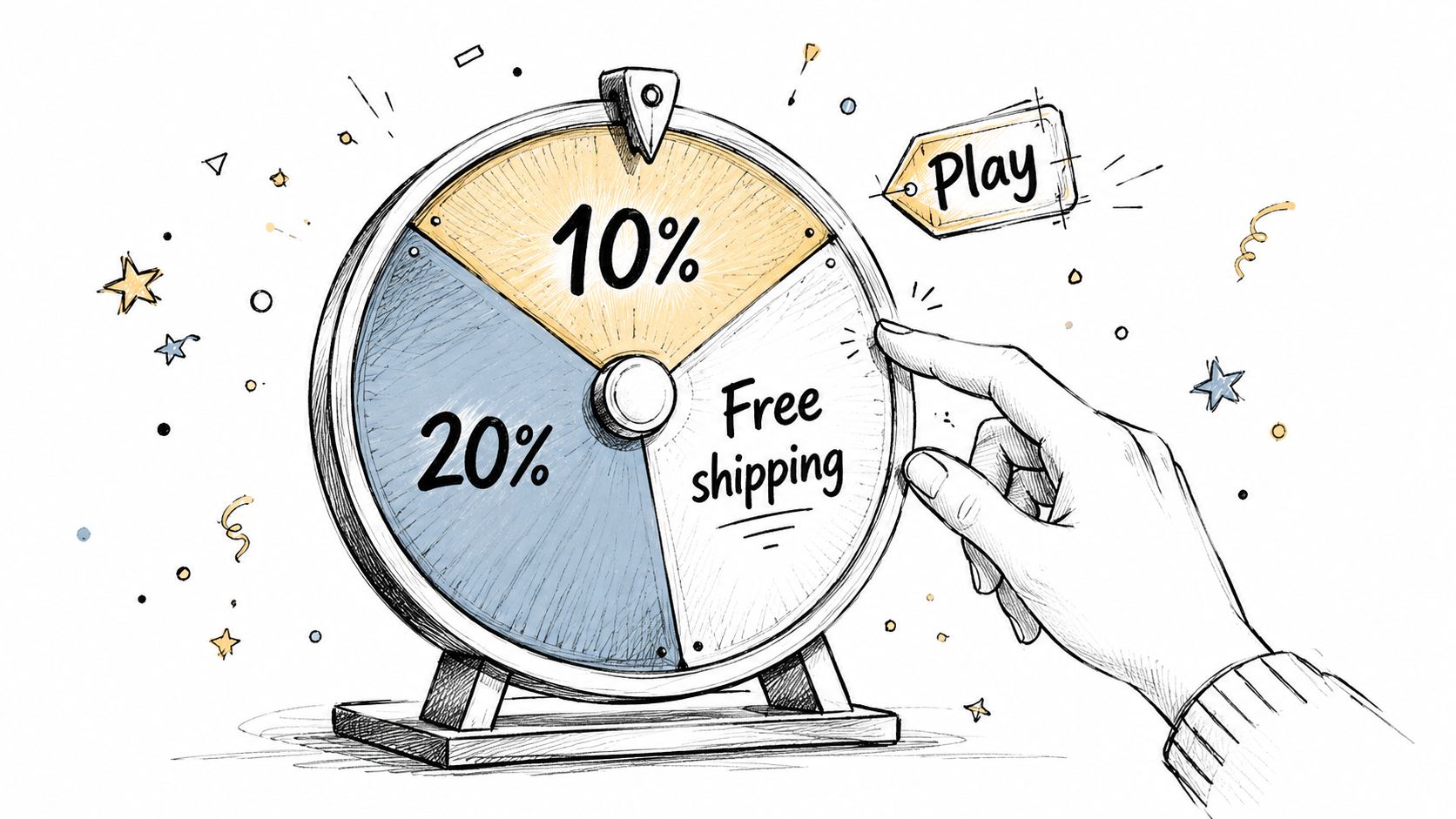 A hand spins a colorful prize wheel featuring promotional offers like 10%, 20%, and free shipping.