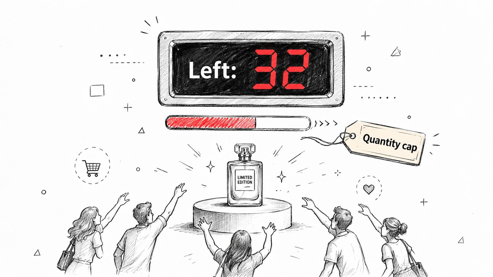 A conceptual illustration of people reaching for a limited edition perfume product with a stock quantity counter.