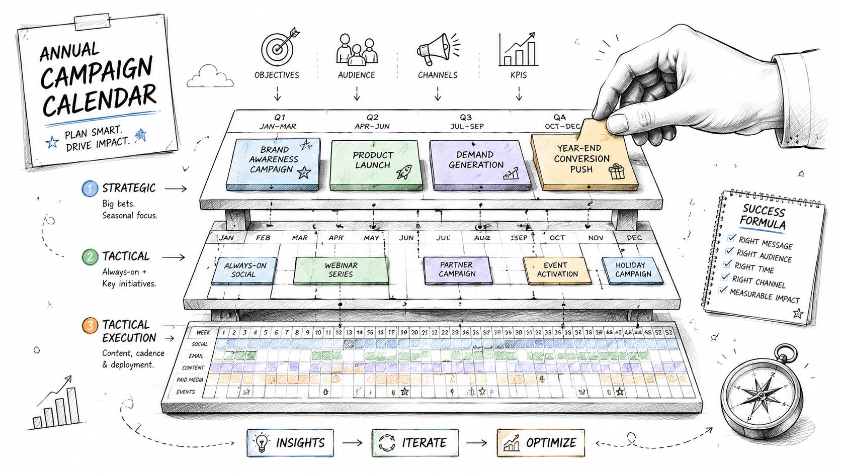 An illustrated annual campaign calendar showing strategic, tactical, and execution phases for marketing planning.