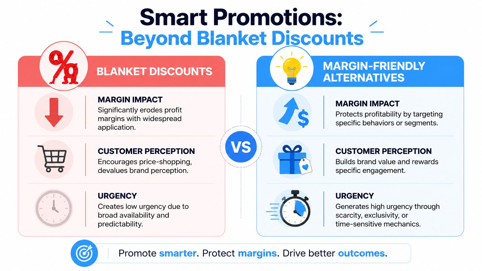 A comparison infographic between blanket discounts and margin-friendly promotional alternatives to drive better business outcomes.