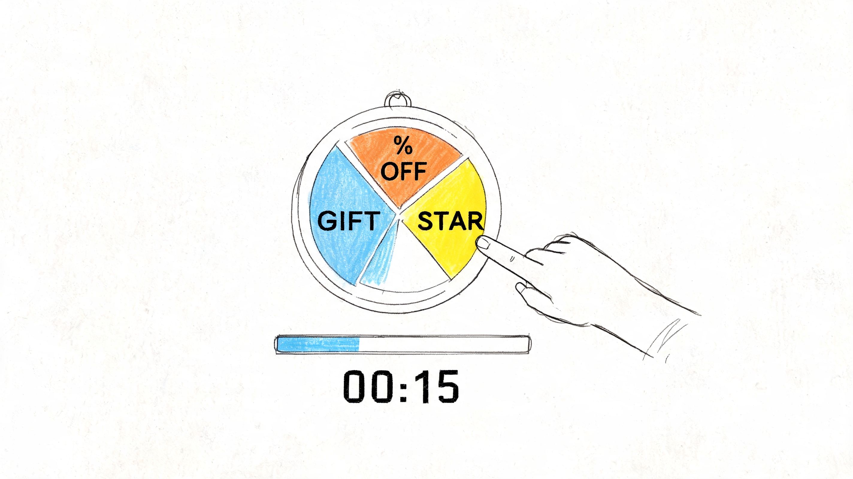 A hand touches a colorful interactive prize wheel with GIFT, STAR, and percentage off sections.