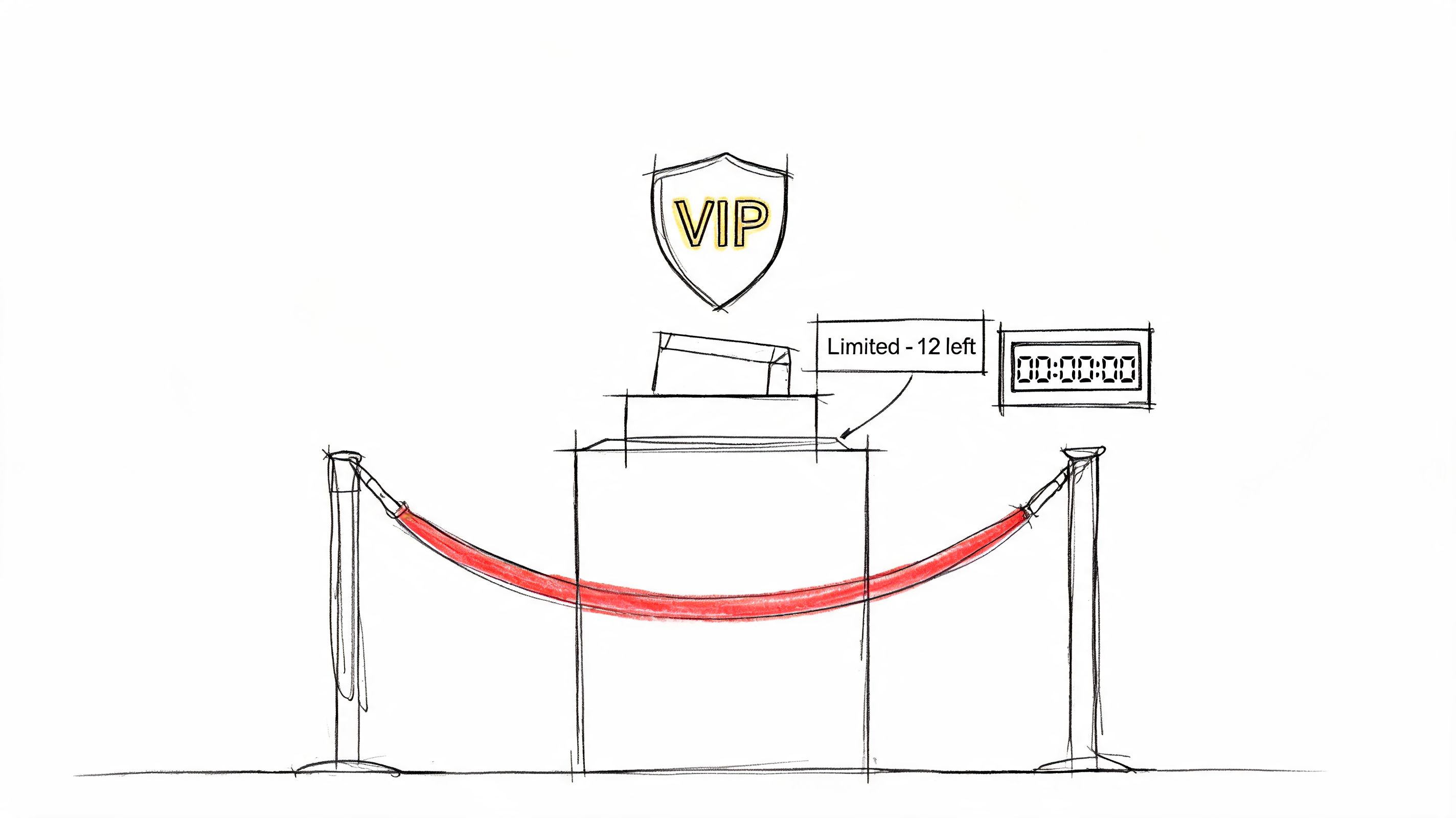 A hand-drawn sketch of a VIP pedestal featuring a countdown clock and limited edition promotional offer.
