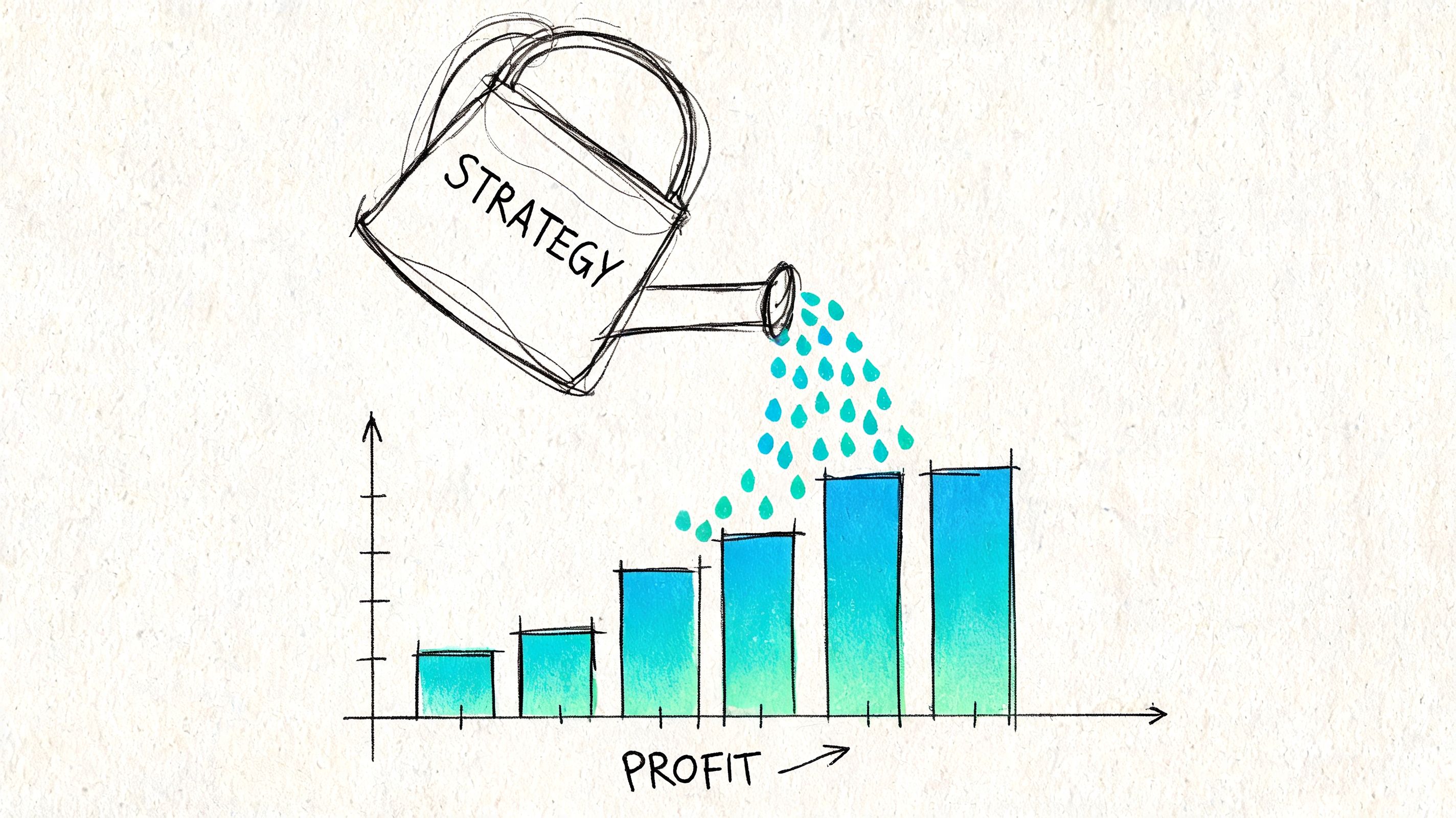 A watering can labeled strategy pouring water over a bar chart illustrating increasing business profits and growth.