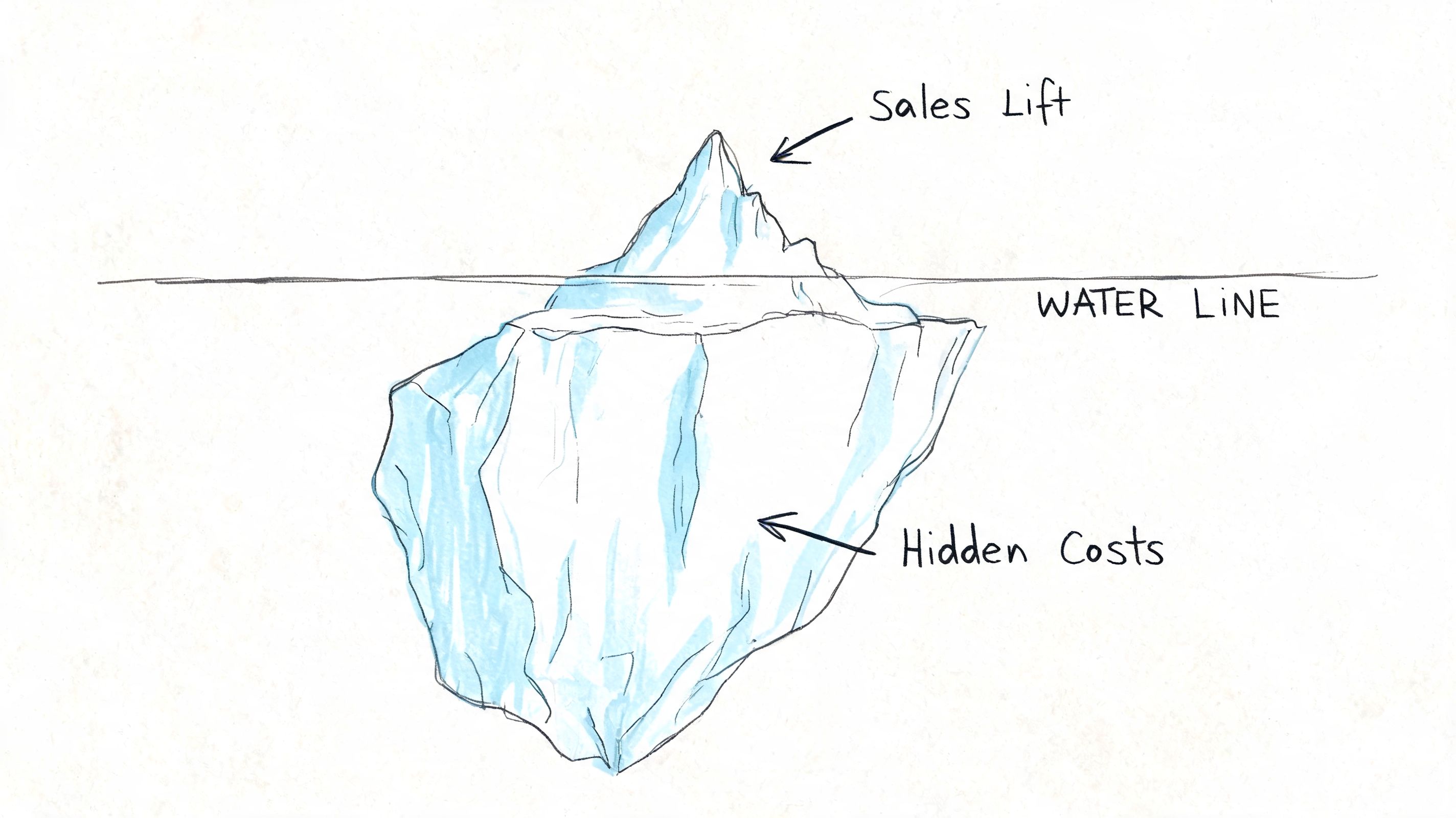 A hand-drawn iceberg illustration showing Sales Lift above the water and Hidden Costs below the water line.