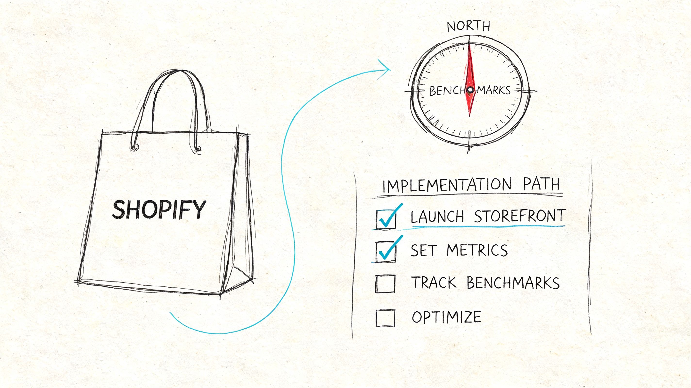 A hand-drawn illustration showing the Shopify logo on a bag, a compass, and an implementation path checklist.