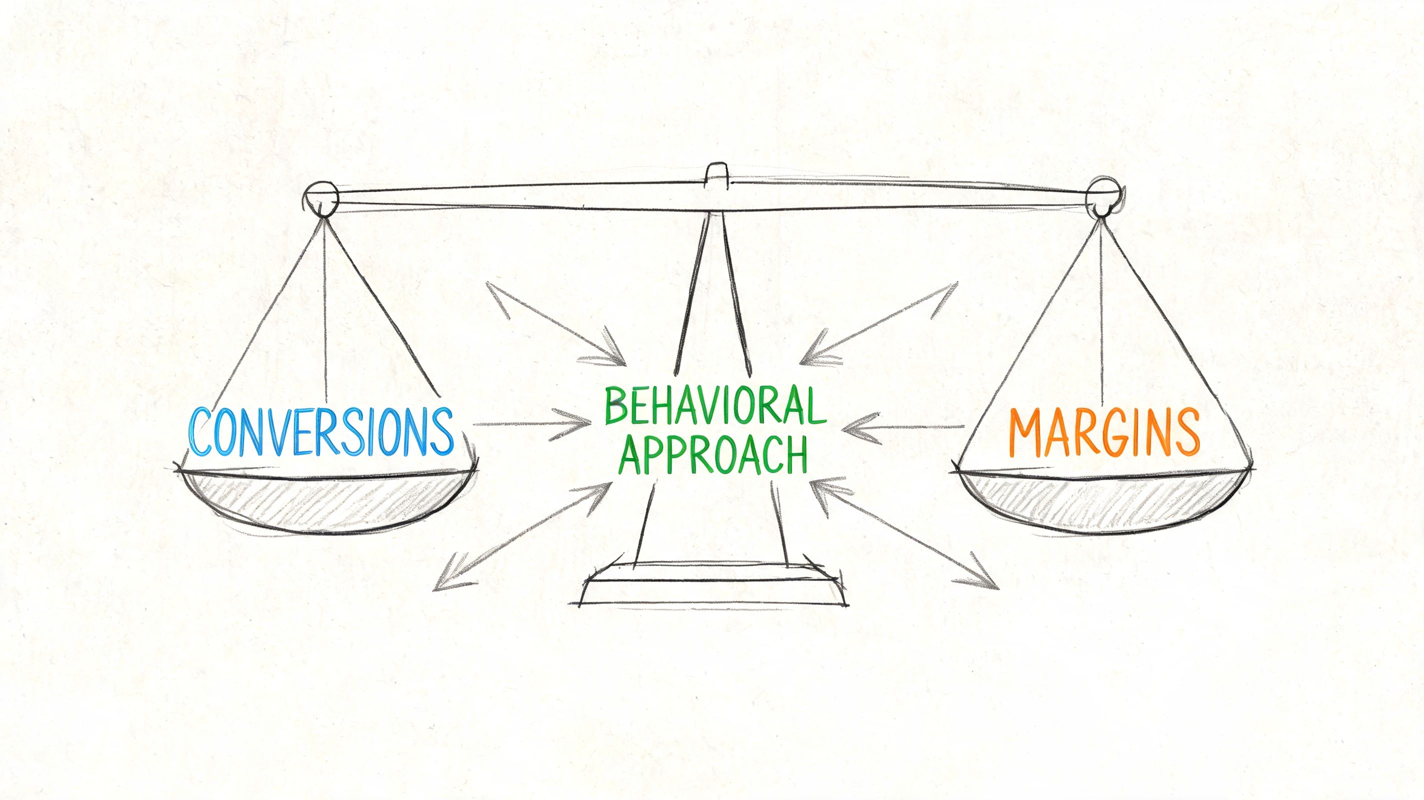 A hand-drawn illustration of a scale balancing conversions and margins, centered around a behavioral approach.