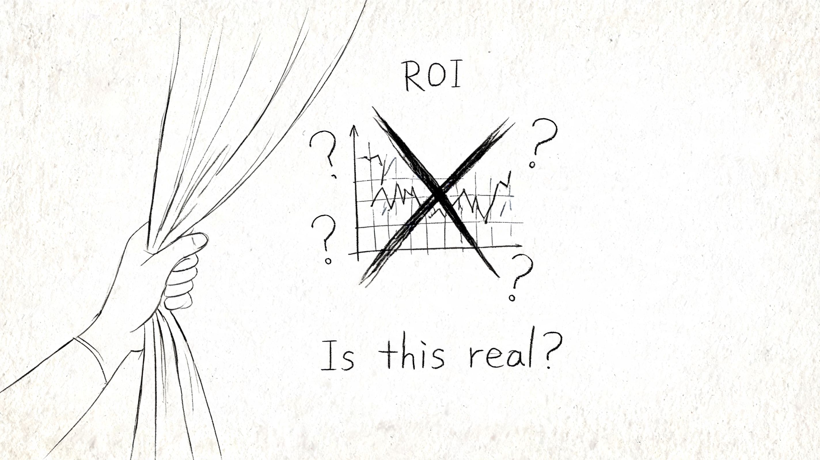 A hand pulling back a curtain to reveal a chart with an ROI label and question marks.