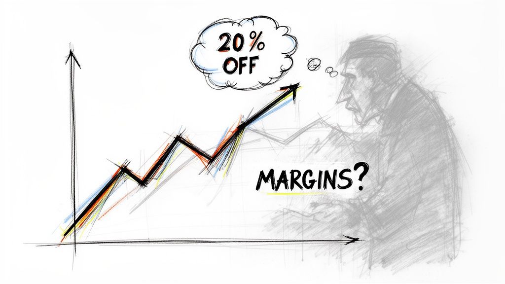 A pencil sketch of a man questioning rising sales graphs that feature a twenty percent off cloud.