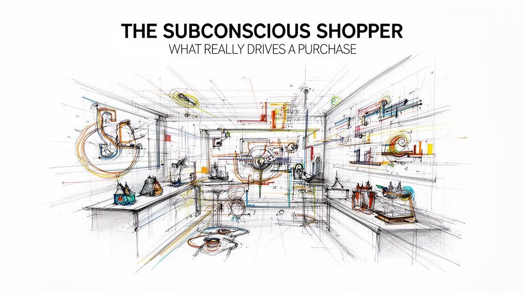 A conceptual sketch illustrating the interior of a store, highlighting the psychological complexity of shopping behaviors.