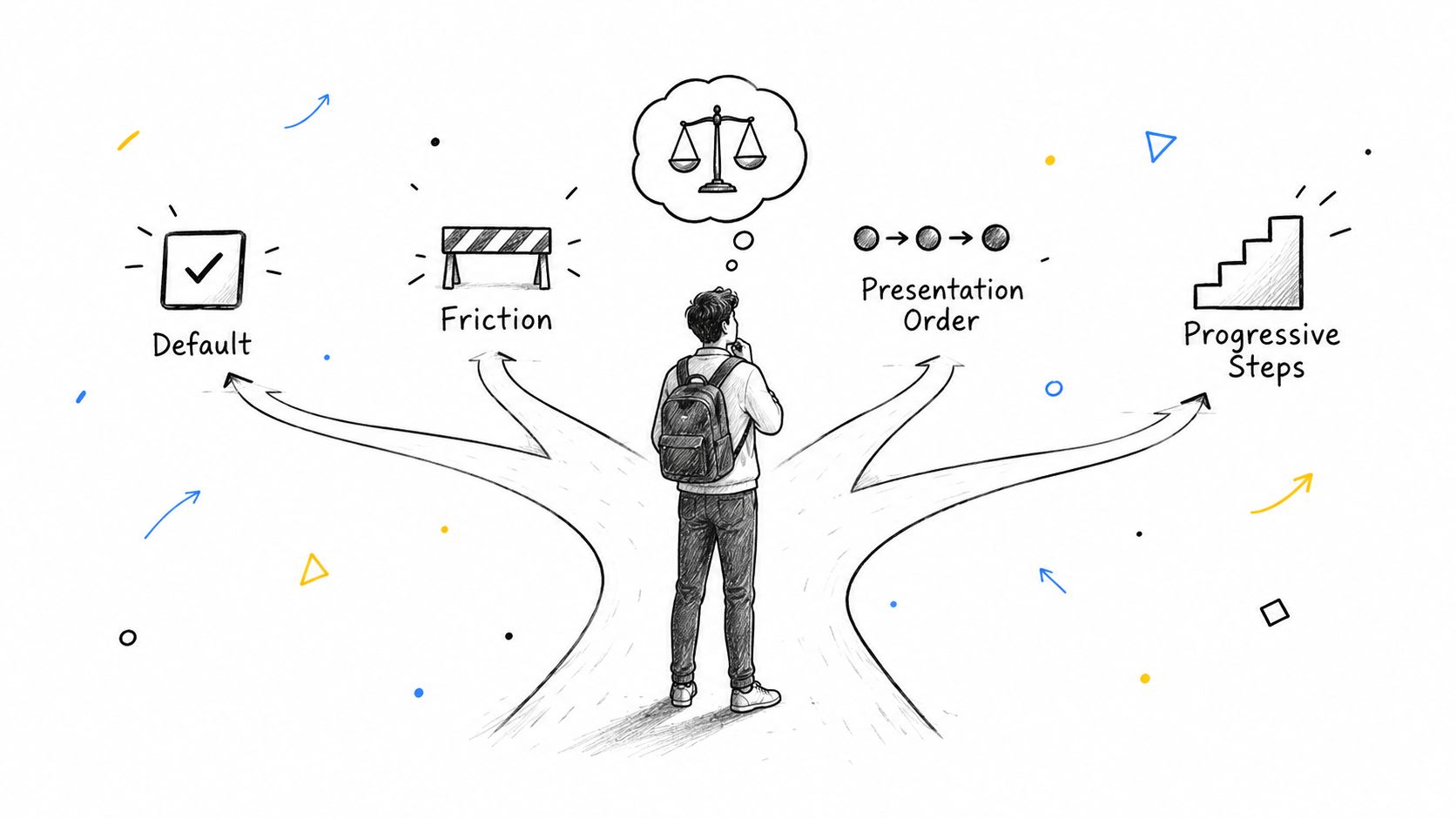 A person standing at a crossroads deciding between four paths representing default, friction, presentation order, and progressive steps.