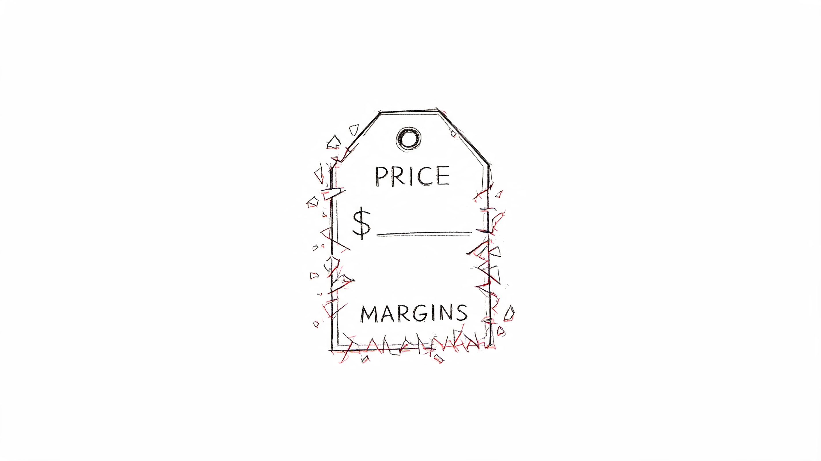 A hand-drawn price tag sketch with a dollar sign, the word margins, and shattered edges.
