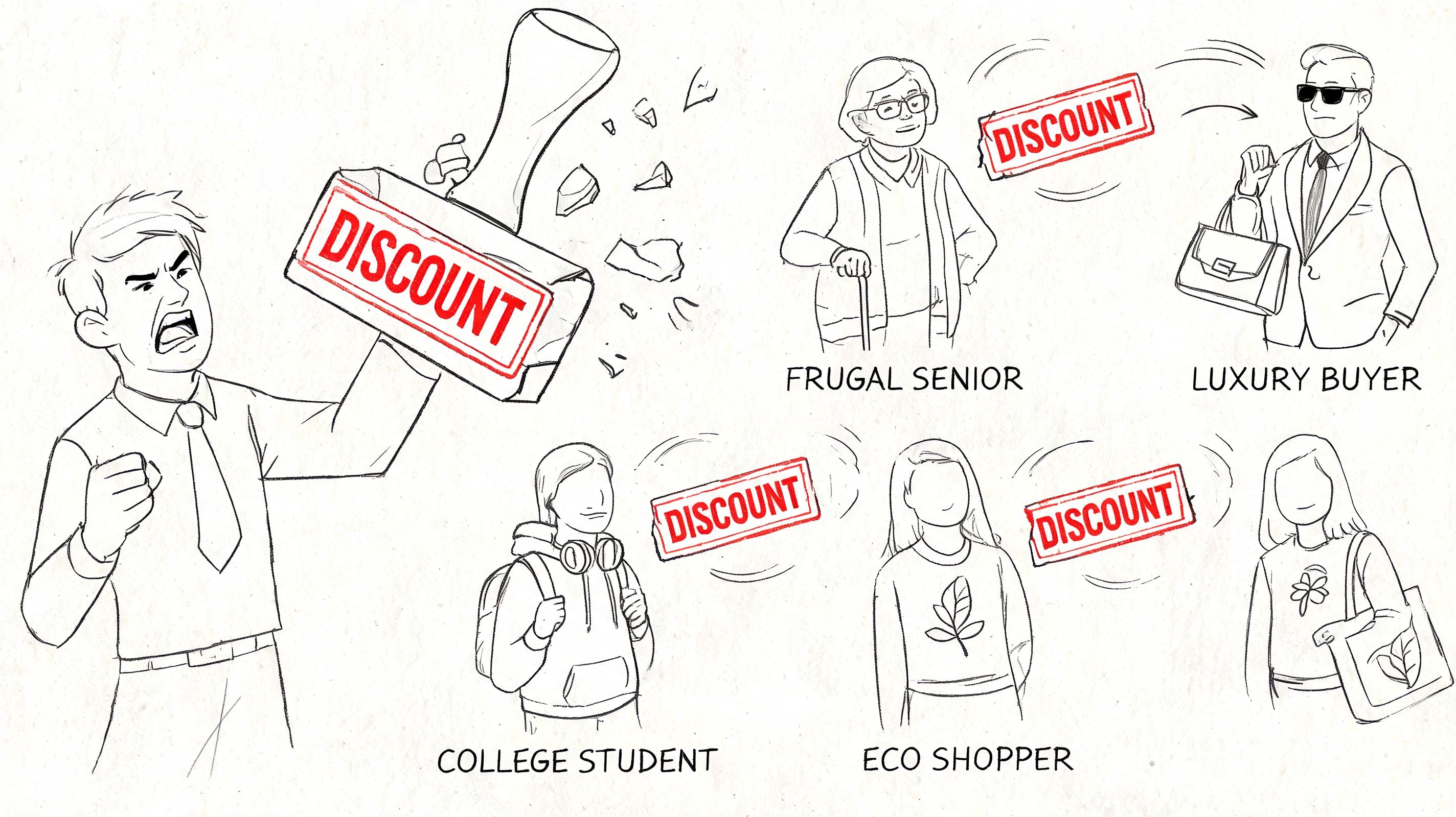 A man aggressively stamping a discount label onto various customer demographics including seniors, students, and shoppers.