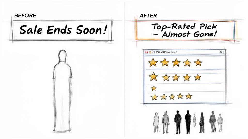 Sketch comparing marketing strategies: 'Sale Ends Soon' versus 'Top-Rated Pick' with reviews and a crowd.